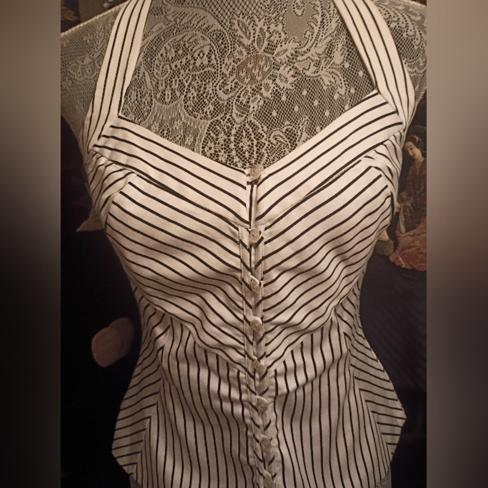 White House Black Market Striped Button Halter Tie Bustier/Top Sz 2 Like New - Picture 4 of 16
